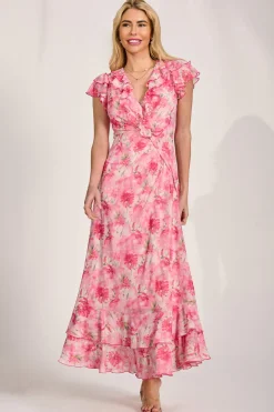 Ruffle V-Neck Mesh Maxi Dress, Pink Floral