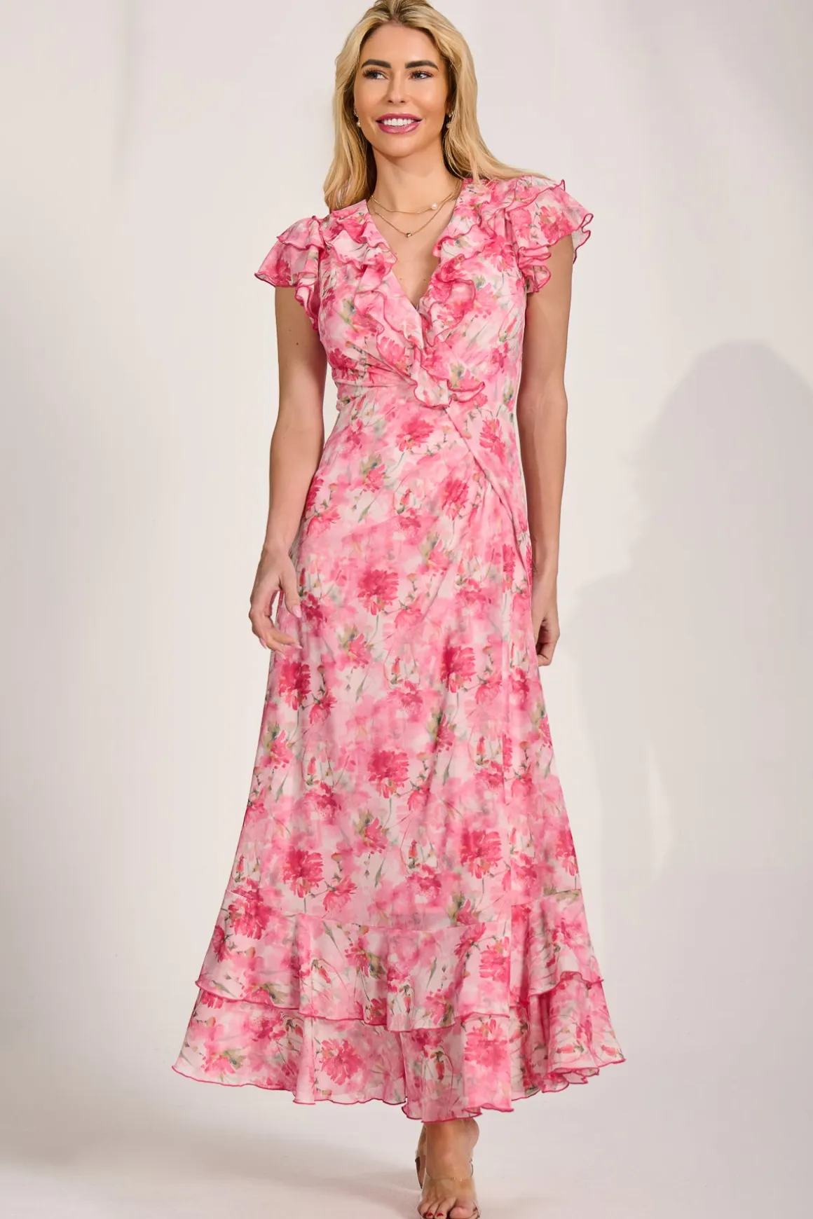 Ruffle V-Neck Mesh Maxi Dress, Pink Floral