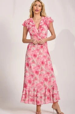 Ruffle V-Neck Mesh Maxi Dress, Pink Floral