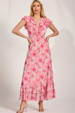 Ruffle V-Neck Mesh Maxi Dress, Pink Floral