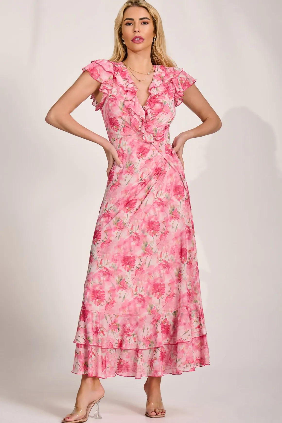 Ruffle V-Neck Mesh Maxi Dress, Pink Floral