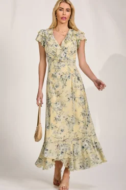 Ruffle V-Neck Mesh Maxi Dress, Yellow Floral