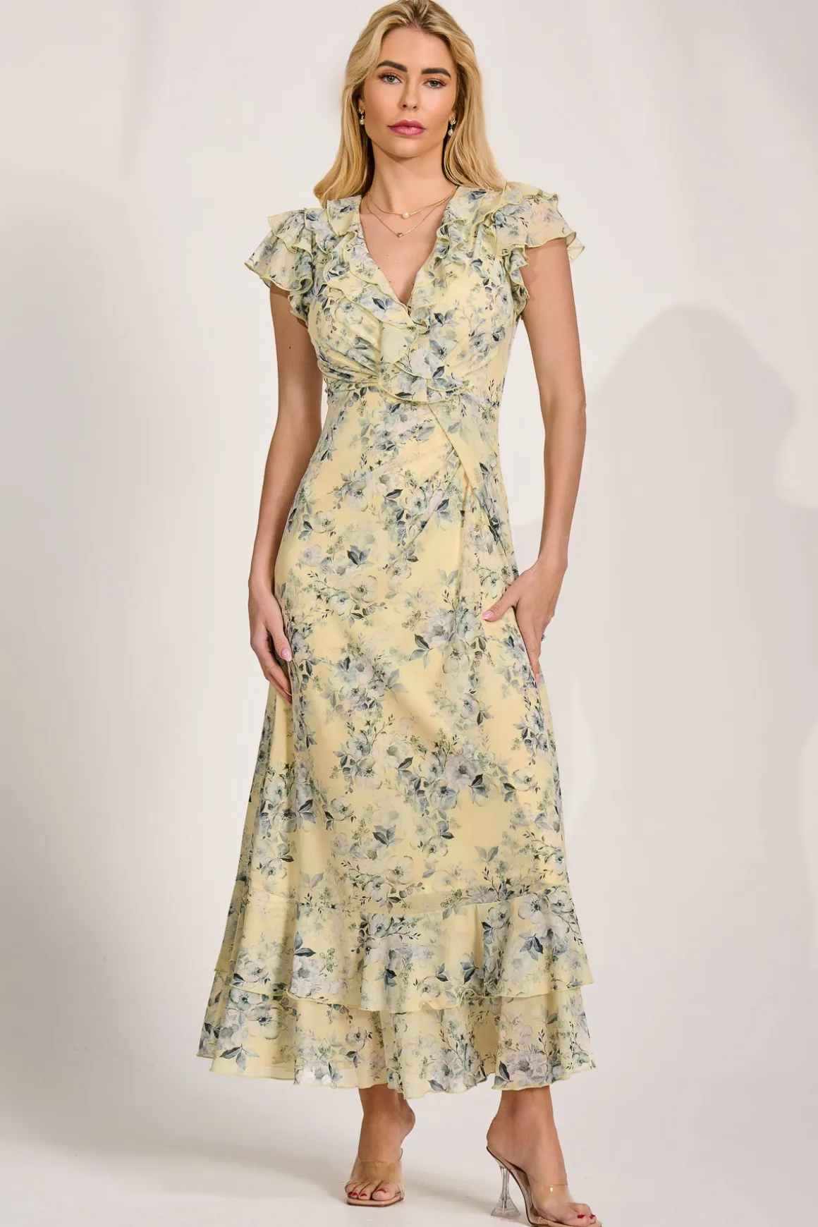 Ruffle V-Neck Mesh Maxi Dress, Yellow Floral