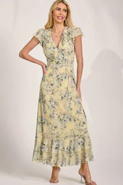 Ruffle V-Neck Mesh Maxi Dress, Yellow Floral