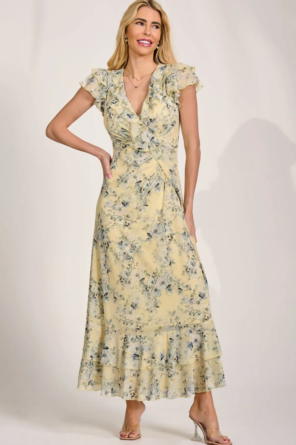 Ruffle V-Neck Mesh Maxi Dress, Yellow Floral