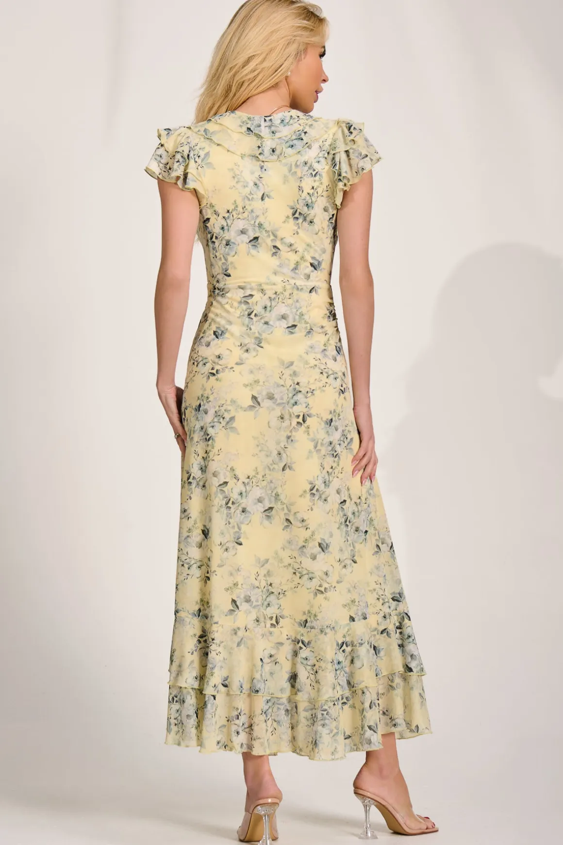 Ruffle V-Neck Mesh Maxi Dress, Yellow Floral