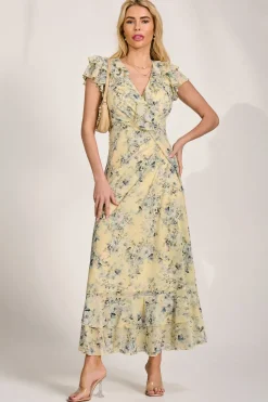 Ruffle V-Neck Mesh Maxi Dress, Yellow Floral