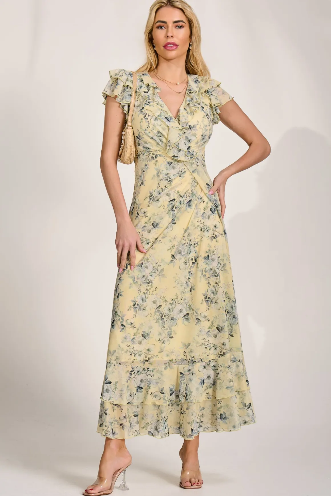 Ruffle V-Neck Mesh Maxi Dress, Yellow Floral