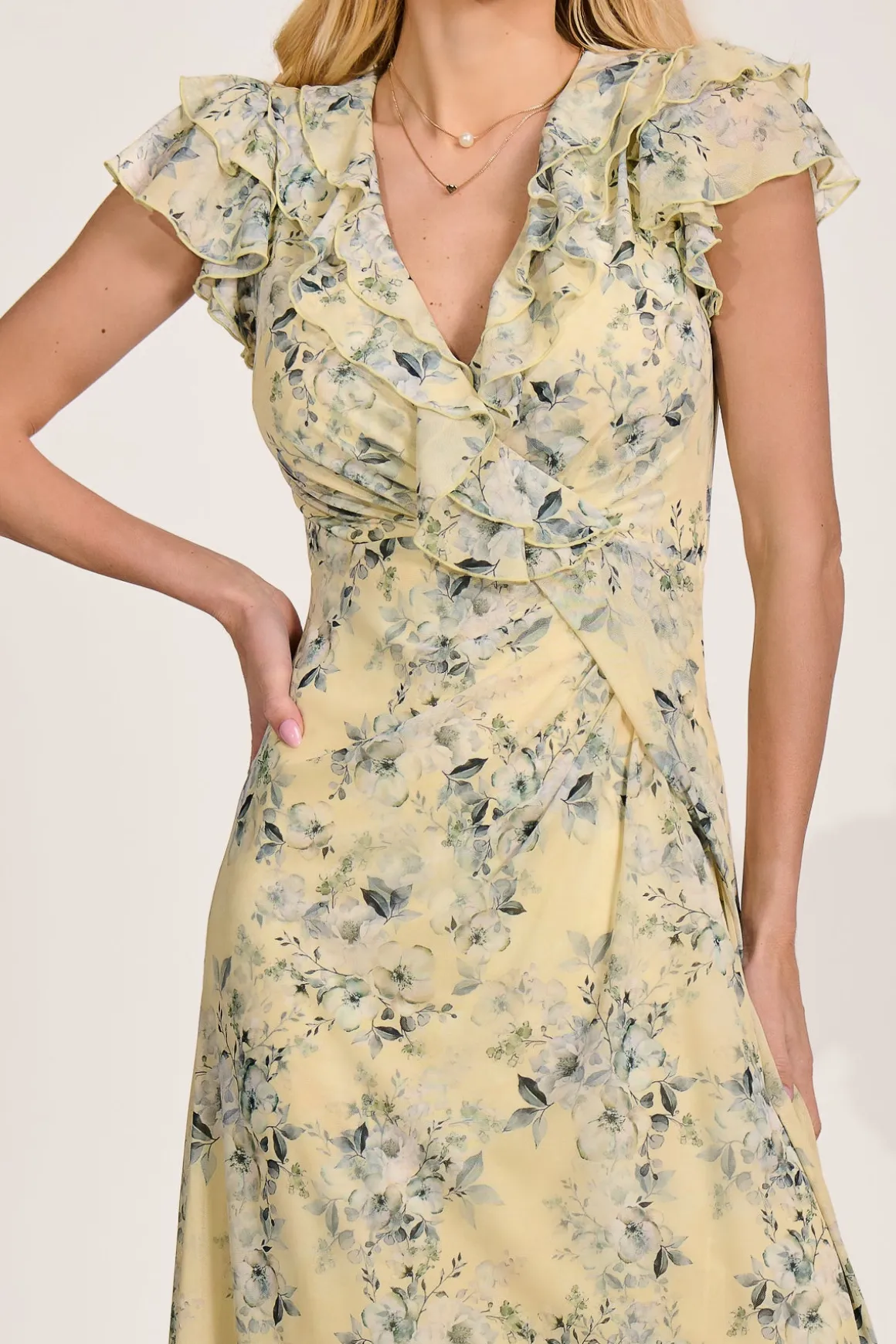 Ruffle V-Neck Mesh Maxi Dress, Yellow Floral