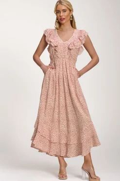 Ruffle V-Neck Viscose Midi Dress, Beige Ditsy
