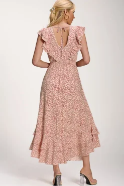 Ruffle V-Neck Viscose Midi Dress, Beige Ditsy