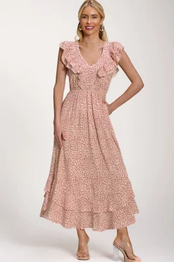 Ruffle V-Neck Viscose Midi Dress, Beige Ditsy