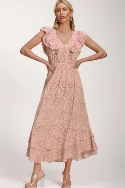 Ruffle V-Neck Viscose Midi Dress, Beige Ditsy