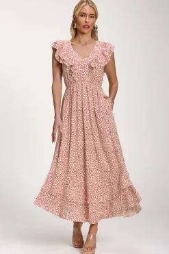 Ruffle V-Neck Viscose Midi Dress, Beige Ditsy