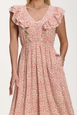 Ruffle V-Neck Viscose Midi Dress, Beige Ditsy