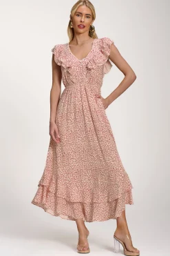 Ruffle V-Neck Viscose Midi Dress, Beige Ditsy