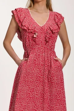 Ruffle V-Neck Viscose Midi Dress, Red Ditsy
