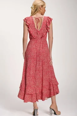 Ruffle V-Neck Viscose Midi Dress, Red Ditsy