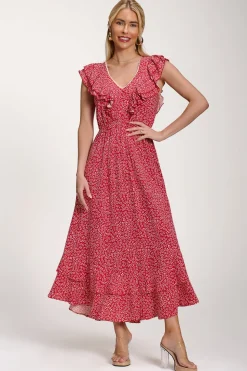 Ruffle V-Neck Viscose Midi Dress, Red Ditsy