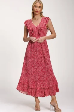 Ruffle V-Neck Viscose Midi Dress, Red Ditsy