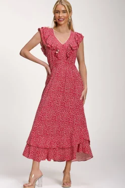 Ruffle V-Neck Viscose Midi Dress, Red Ditsy