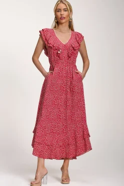 Ruffle V-Neck Viscose Midi Dress, Red Ditsy
