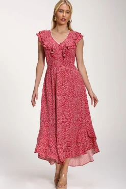 Ruffle V-Neck Viscose Midi Dress, Red Ditsy