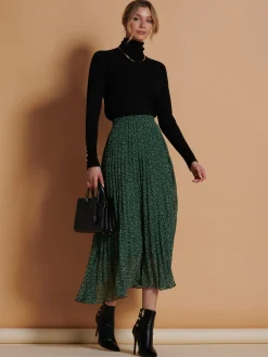 Saige Chiffon Pleated Maxi Skirt, Green Animal