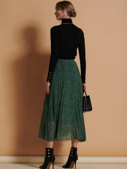 Saige Chiffon Pleated Maxi Skirt, Green Animal