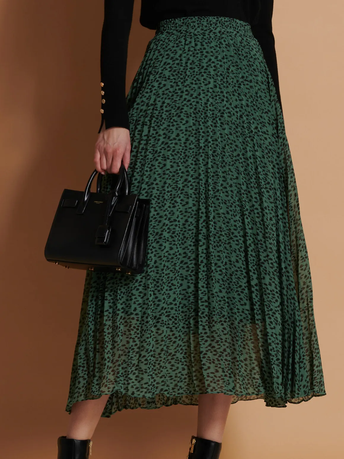 Saige Chiffon Pleated Maxi Skirt, Green Animal
