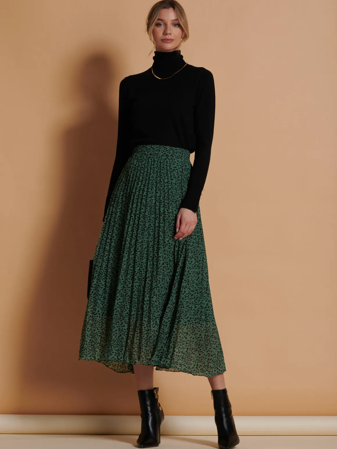 Saige Chiffon Pleated Maxi Skirt, Green Animal