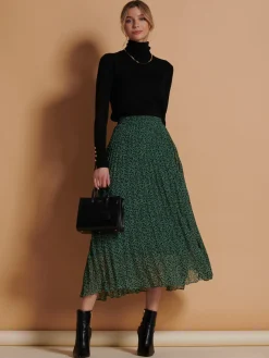 Saige Chiffon Pleated Maxi Skirt, Green Animal