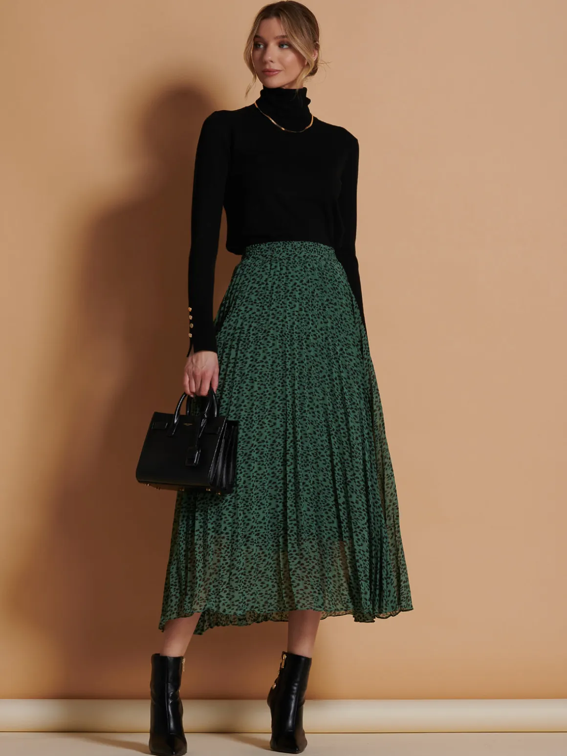 Saige Chiffon Pleated Maxi Skirt, Green Animal