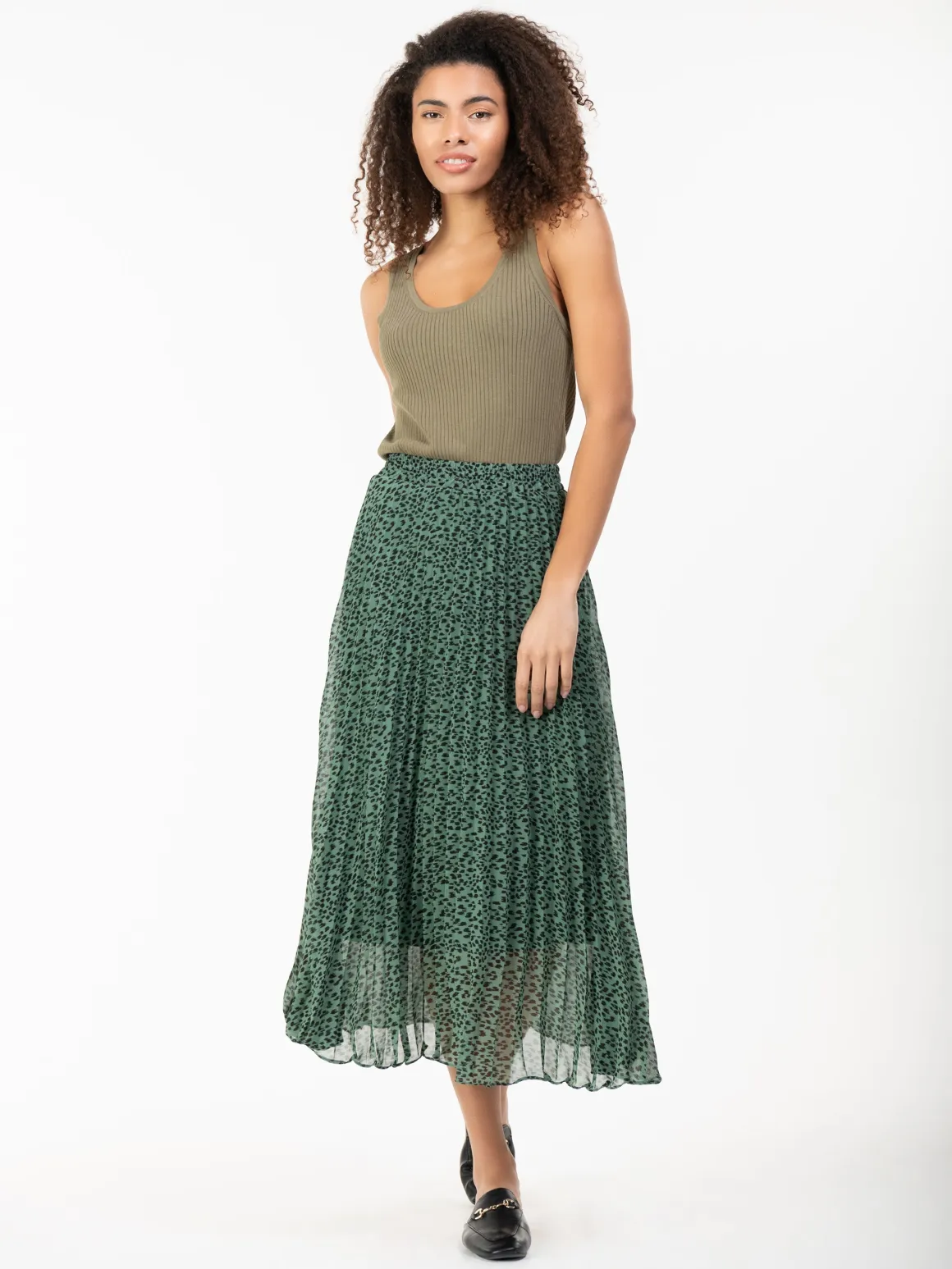 Saige Chiffon Pleated Maxi Skirt, Green Animal