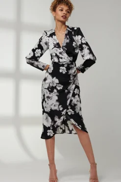 Satin Floral Shirt Dress, Black Floral