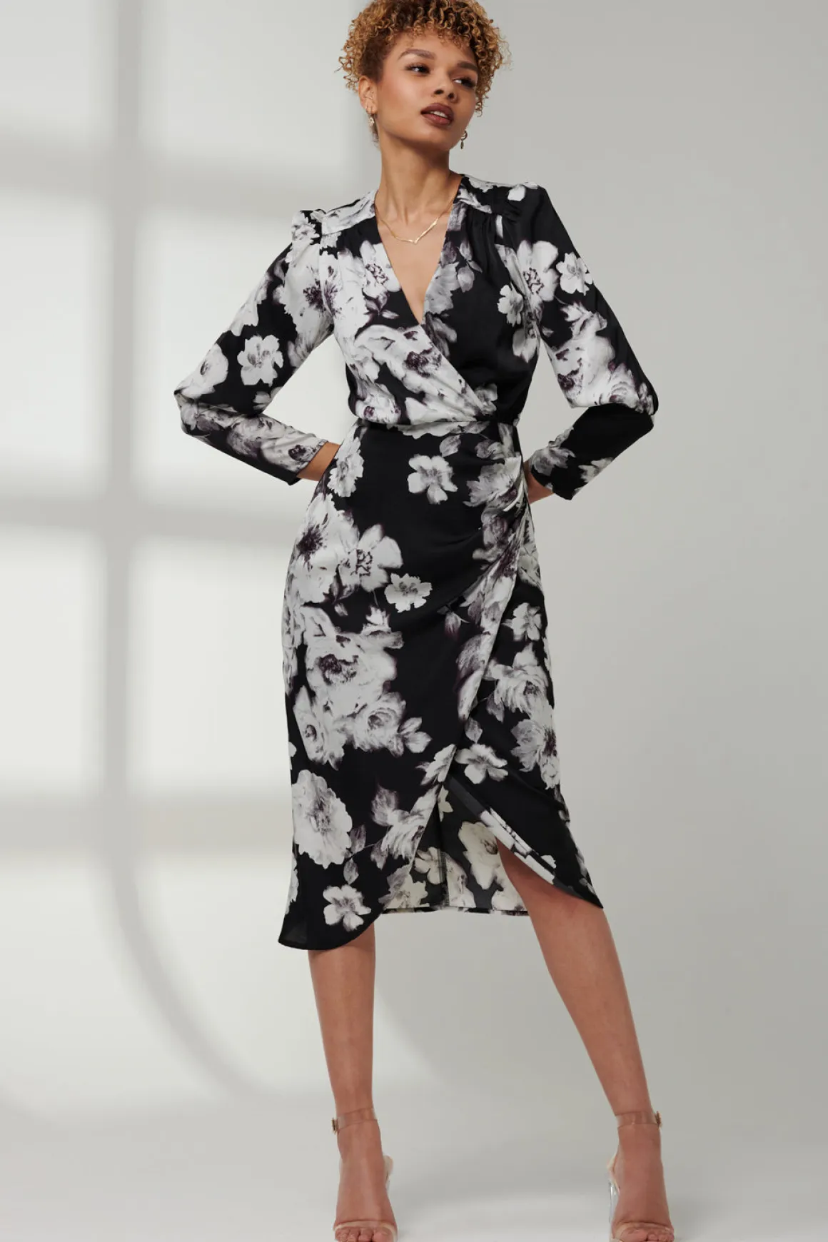 Satin Floral Shirt Dress, Black Floral