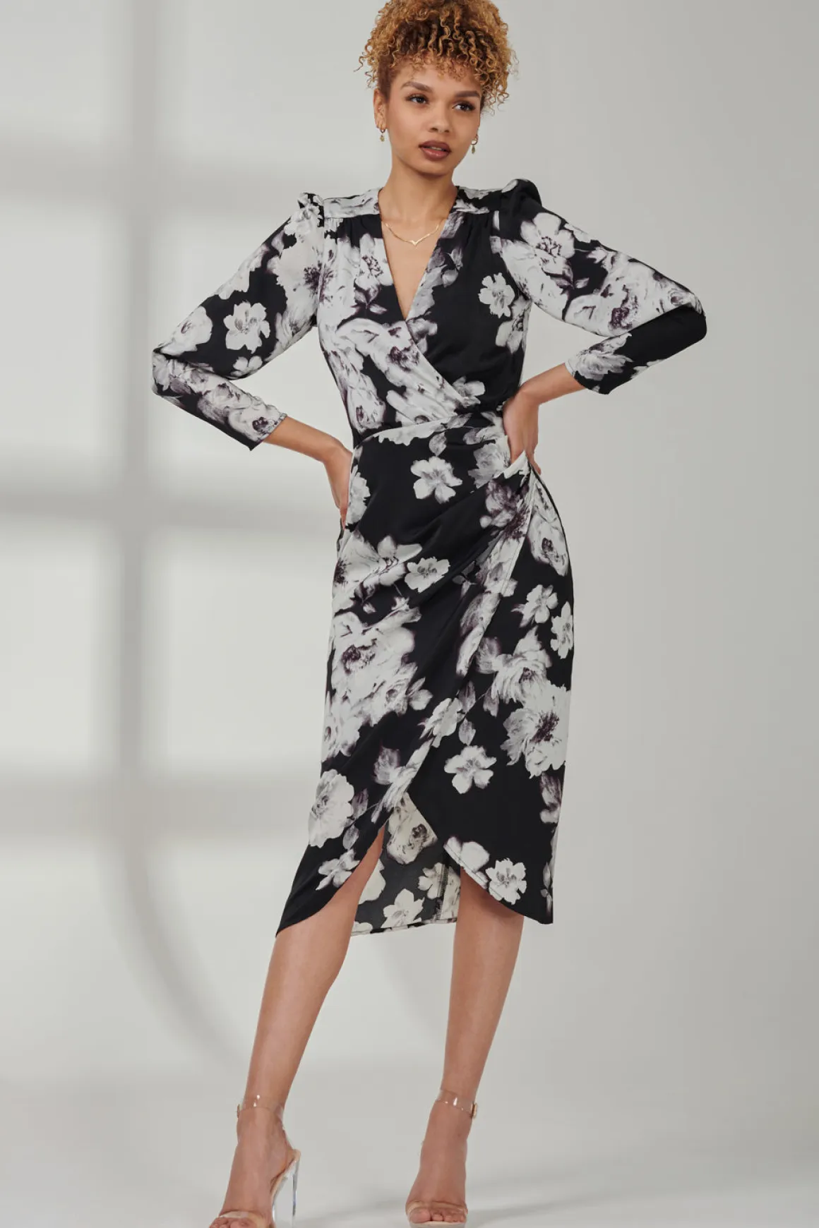 Satin Floral Shirt Dress, Black Floral