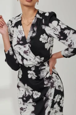 Satin Floral Shirt Dress, Black Floral
