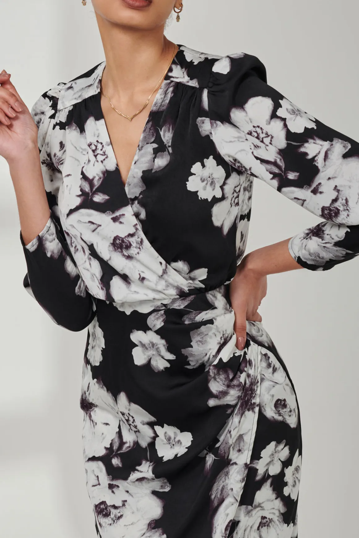 Satin Floral Shirt Dress, Black Floral
