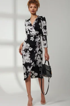 Satin Floral Shirt Dress, Black Floral