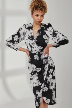Satin Floral Shirt Dress, Black Floral