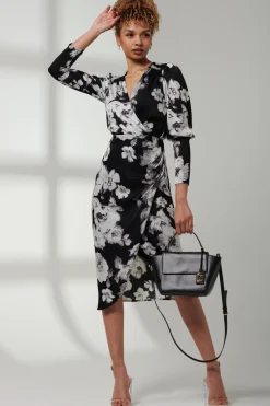 Satin Floral Shirt Dress, Black Floral