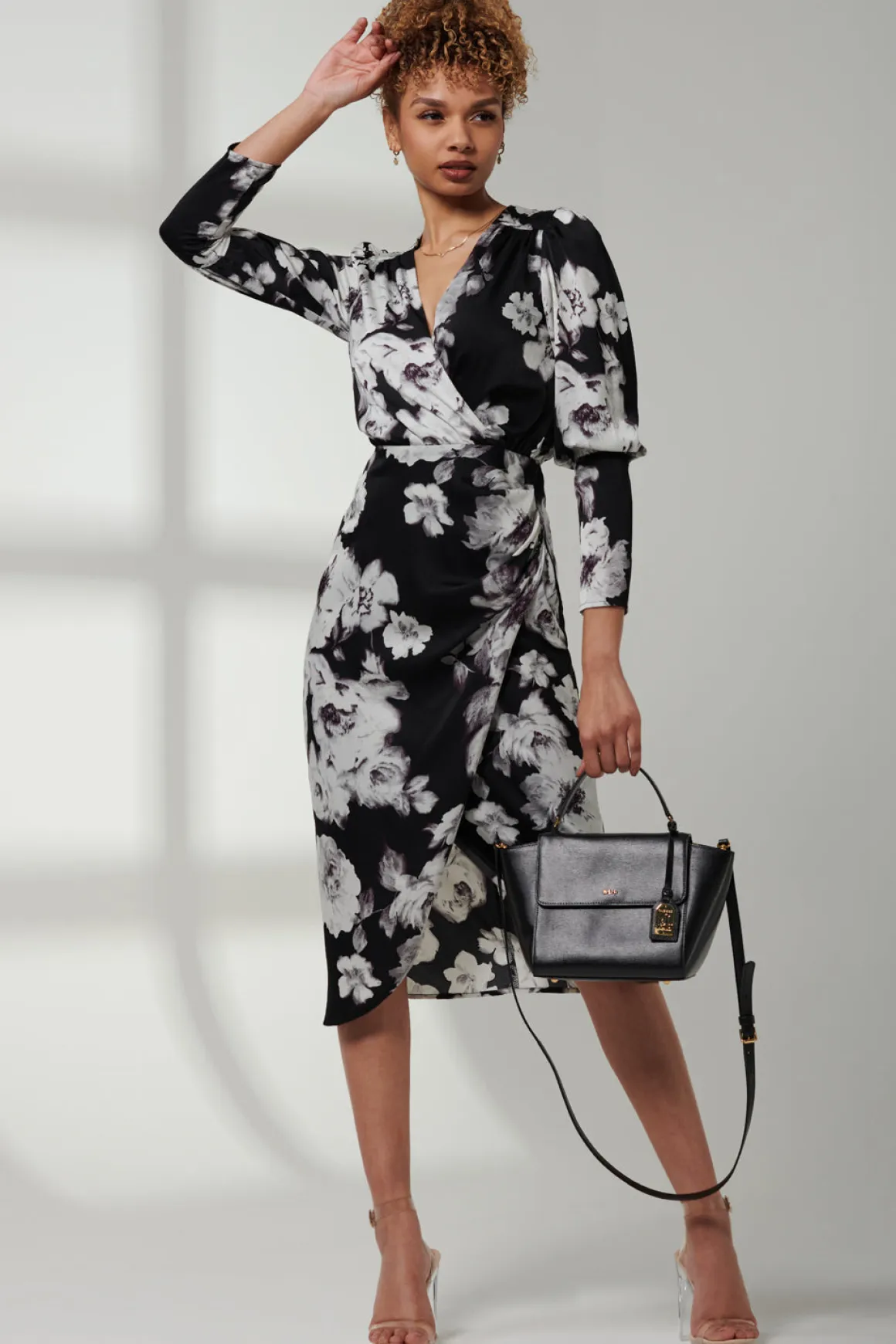 Satin Floral Shirt Dress, Black Floral
