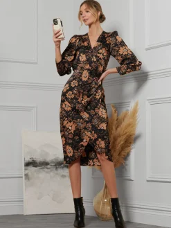 Satin Floral Shirt Dress, Brown Floral