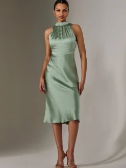Satin Halter Neck Midi Dress, Green