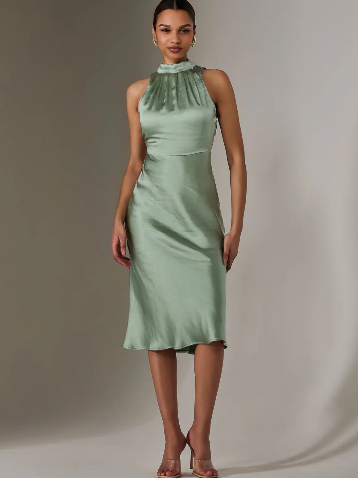Satin Halter Neck Midi Dress, Green