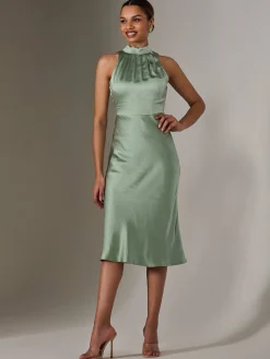 Satin Halter Neck Midi Dress, Green