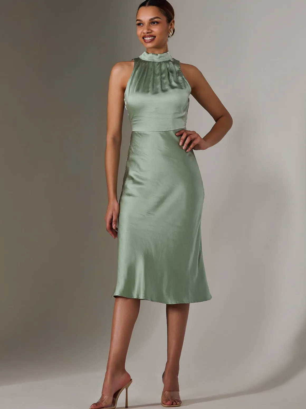 Satin Halter Neck Midi Dress, Green
