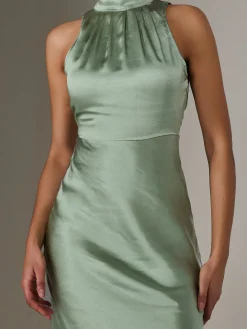 Satin Halter Neck Midi Dress, Green