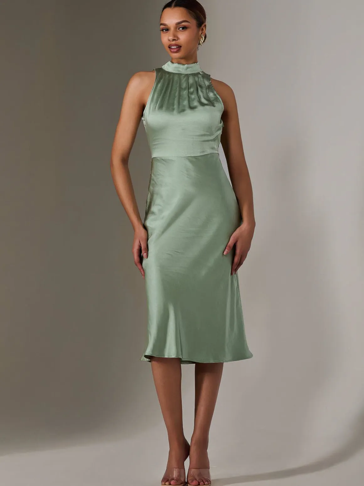 Satin Halter Neck Midi Dress, Green